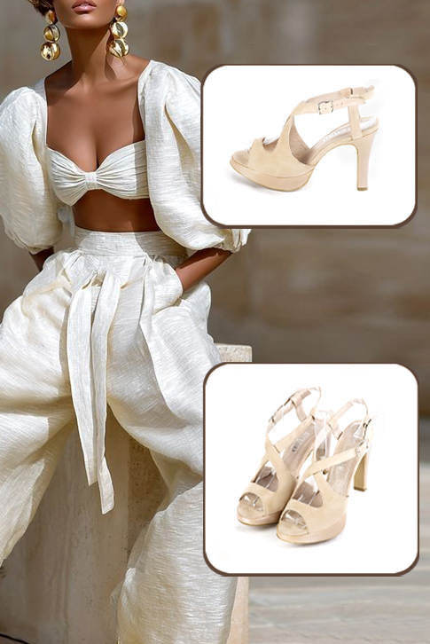 Women's champagne white and gold elegant cross straps sandals. .  - Top view
